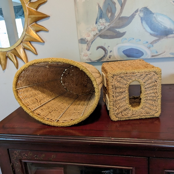 Vintage Wicker Trash Can & Tall Tissue Box Cover Bohemian EUC Floral Tiles 2 Pcs - Picture 6 of 12